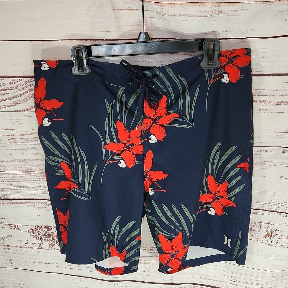 Hurley Blue and Red Board Shorts with Tropical Fish Design